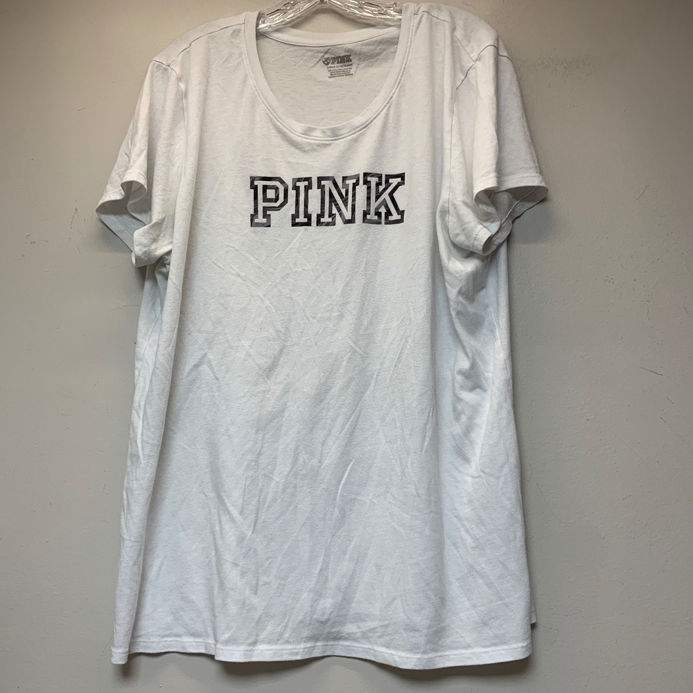 PINK‎ Graphic T-Shirt Women XXL White Good Short Sleeve Cotton Blend Logo Tee
